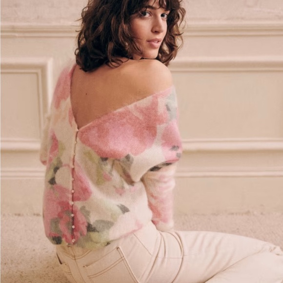 Sezane Floral V-Neck Sweater in Pink and Cream - Picture 4 of 7